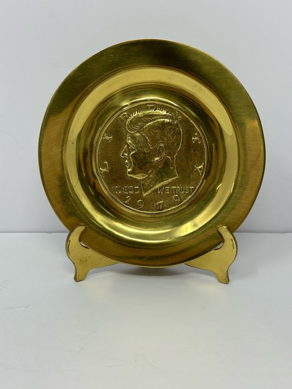 Vintage Belwith Kennedy Half Dollar Solid Brass 5” Collectors Plate W/ Stand X8